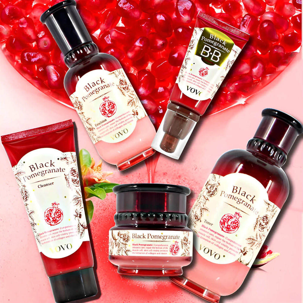 Pomegranate skincare set with six products: cleanser, water toner, milk, cream, essence, and eye cream.