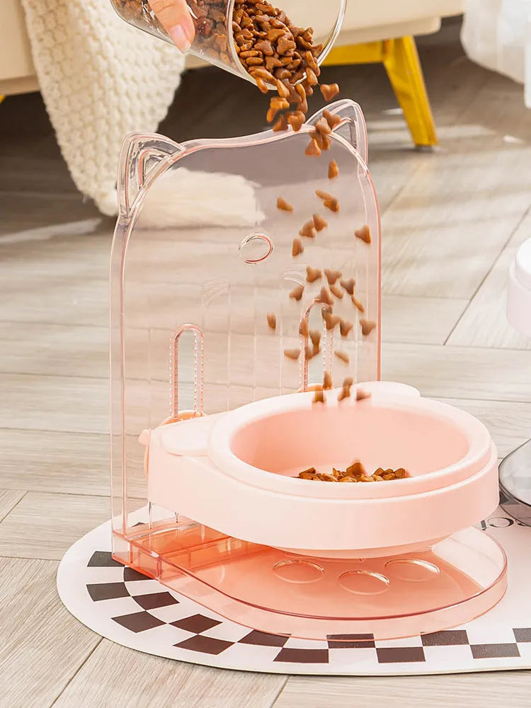 Grey adjustable height cat feeding bowl with ear design and neck protection