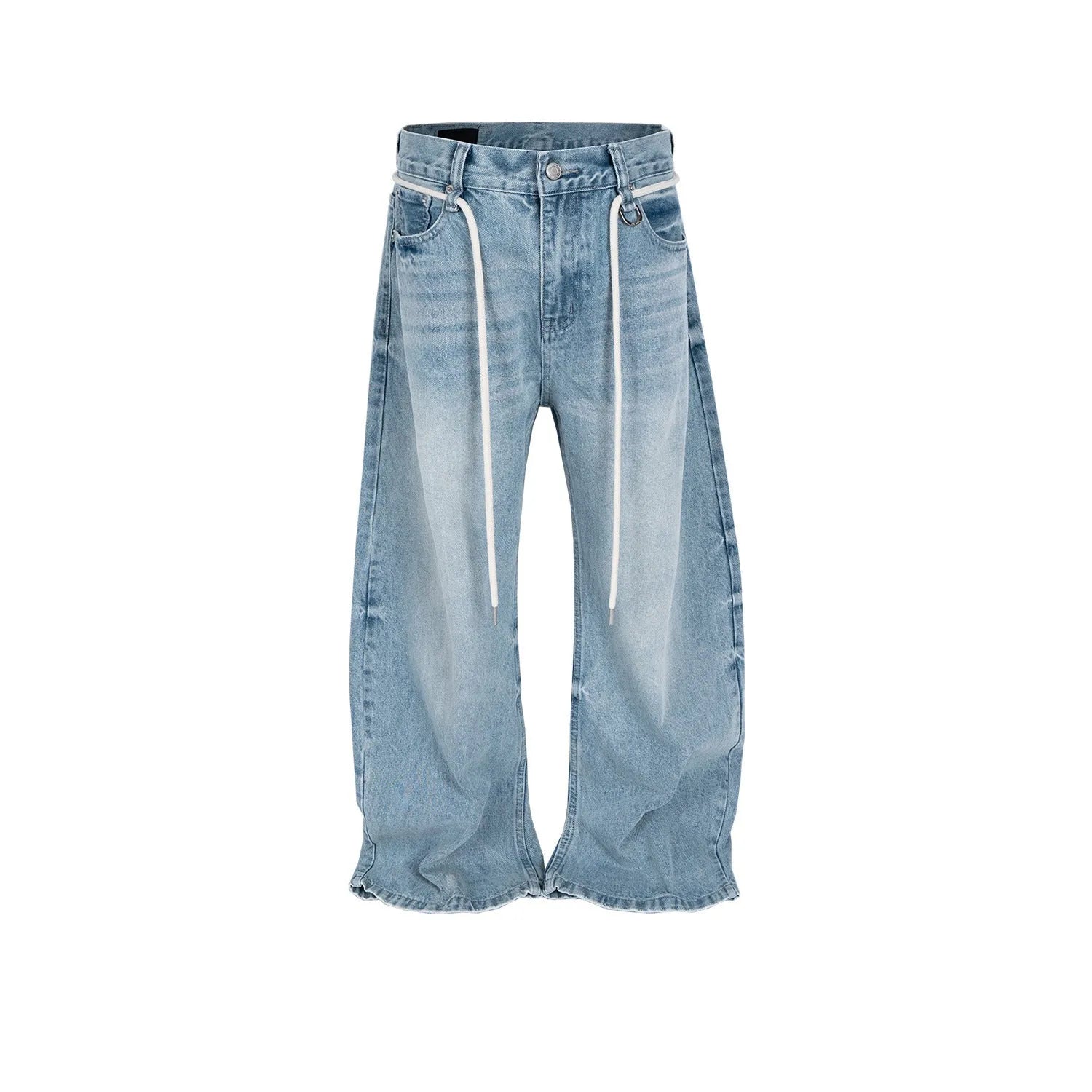 Blue vintage washed straight-leg denim trousers with a drawstring belt and zipper fly.