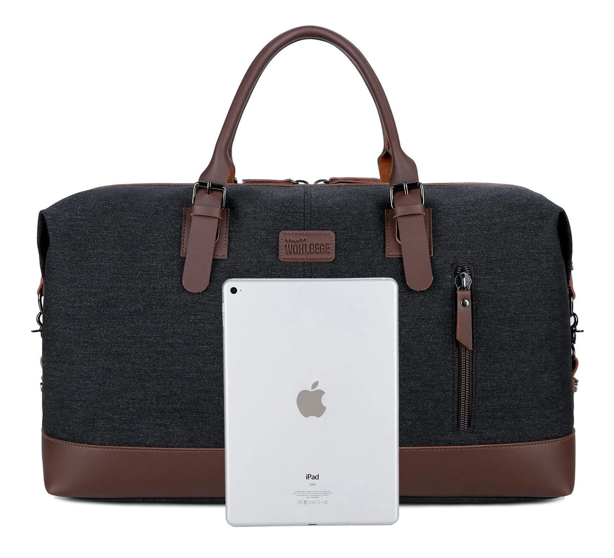 Canvas travel bag for men, square vertical shape in light grey, with shoulder strap and zipper closure