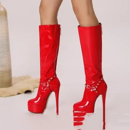 Red women's high leg chunky heel boots with back zipper and metal belt buckle