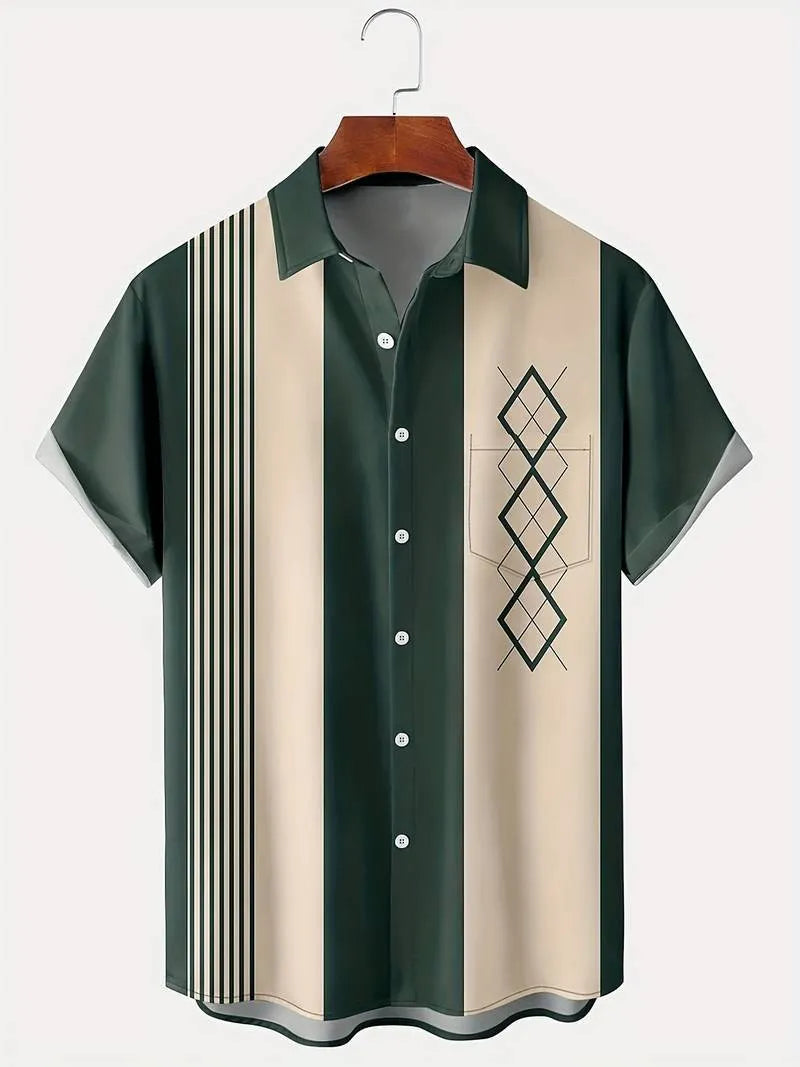Men's plaid short-sleeved shirt with lapel cardigan style in polyester elastic fabric
