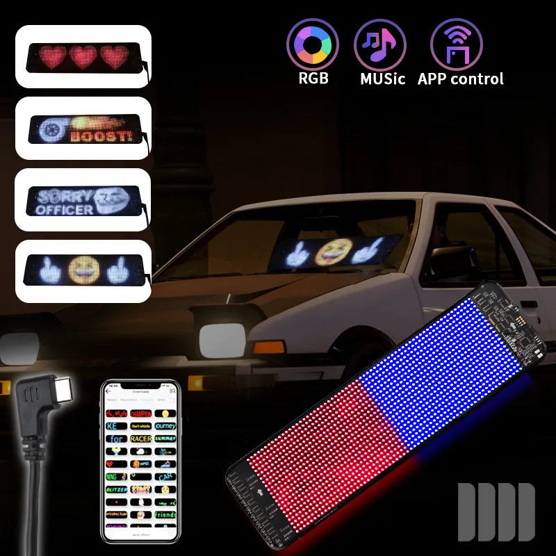 Black flexible LED screen for car rear windscreen with USB cable and Bluetooth control.