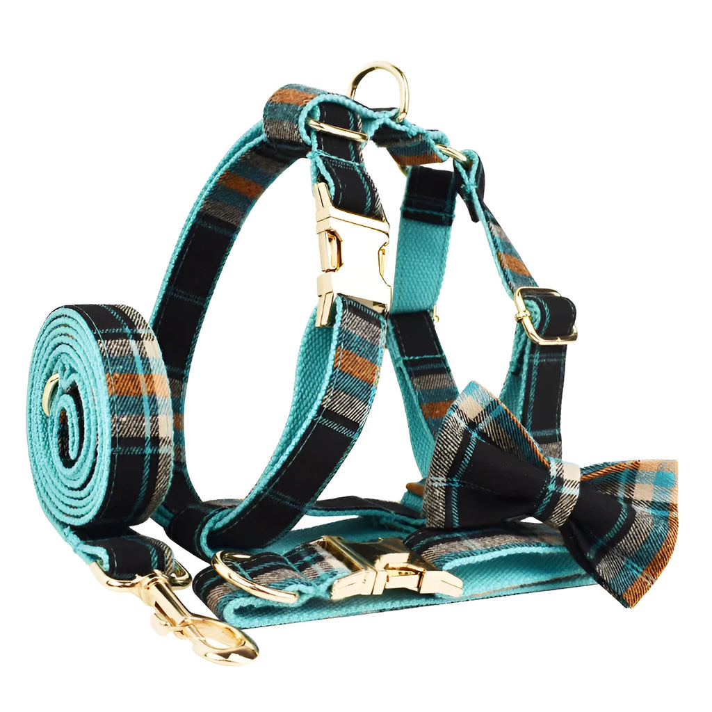 Retro green cloth dog collar, leash, vest, and bow four-piece accessory set