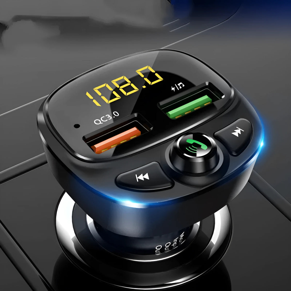 Car Bluetooth 5.0 FM transmitter with 1.1 inch LED screen and QC3.0 charging, powered by 12V-24V cigarette lighter