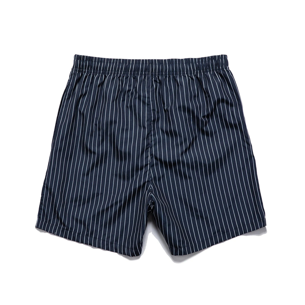 Men's polyester beach shorts with striped triangle pattern in navy blue colour showing straight leg opening