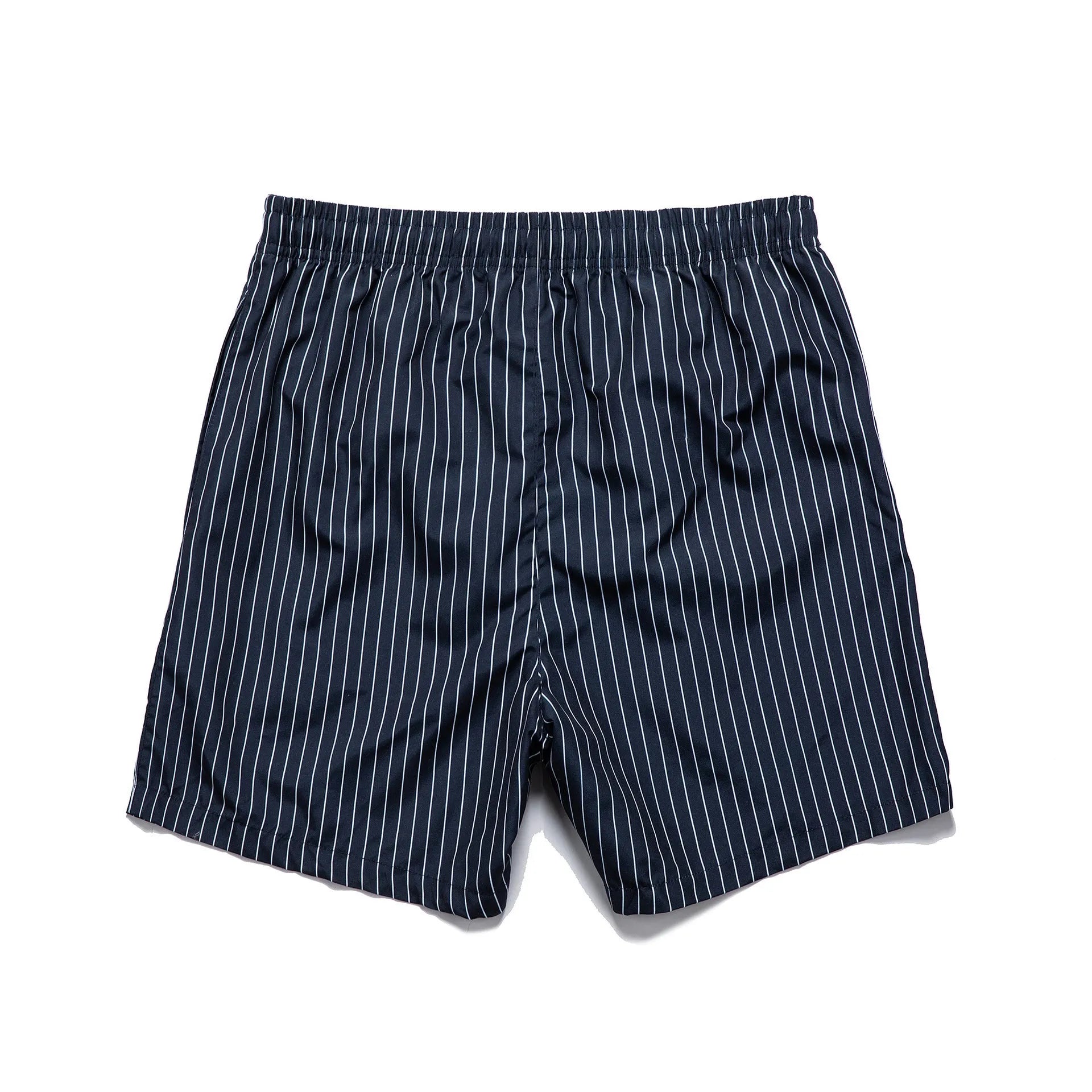 Men's polyester beach shorts with striped triangle pattern in navy blue colour showing straight leg opening