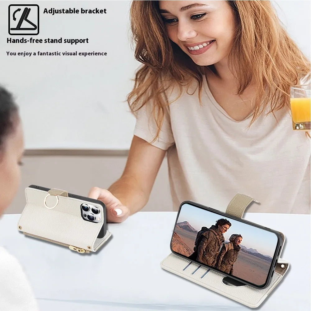 Handmade PU TPU phone shell for Apple iPhone with lanyard bracket and card slot, gray colour