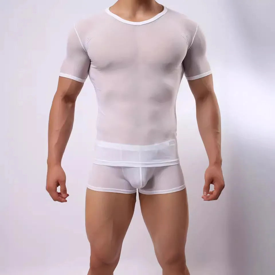 Men's slim fit mesh transparent short-sleeved T-shirt in solid colours