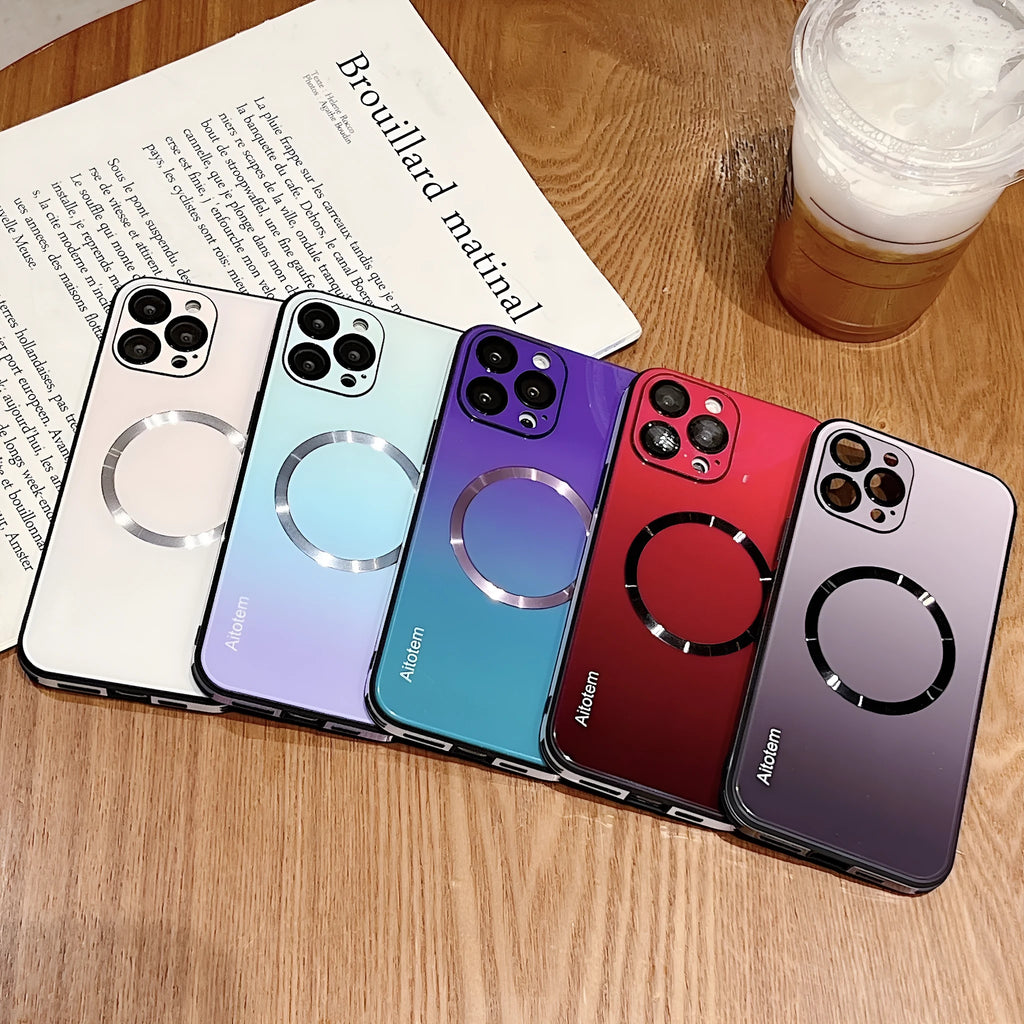 Magnetic gradient phone case with mirror finish for iPhone, featuring fall-resistant TPU glass metal construction
