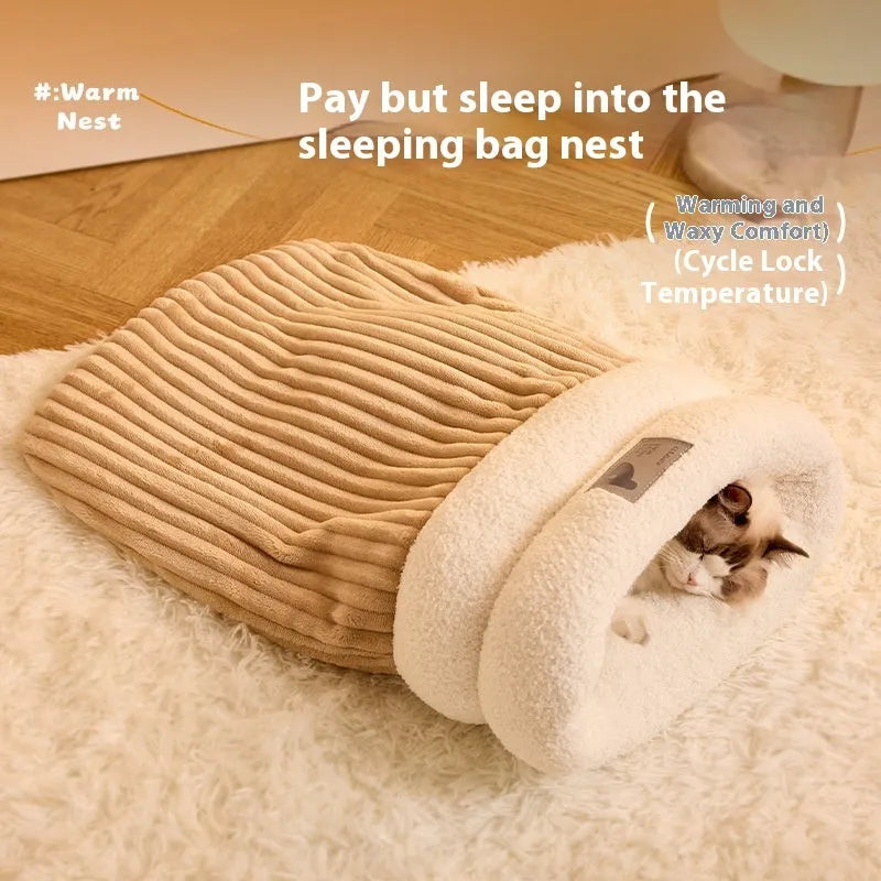 Brown semi-enclosed pet sleeping bag with plush interior for cats and dogs