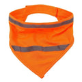 Orange and yellow reflective dog bandana with adhesive strap for night walk safety in three sizes