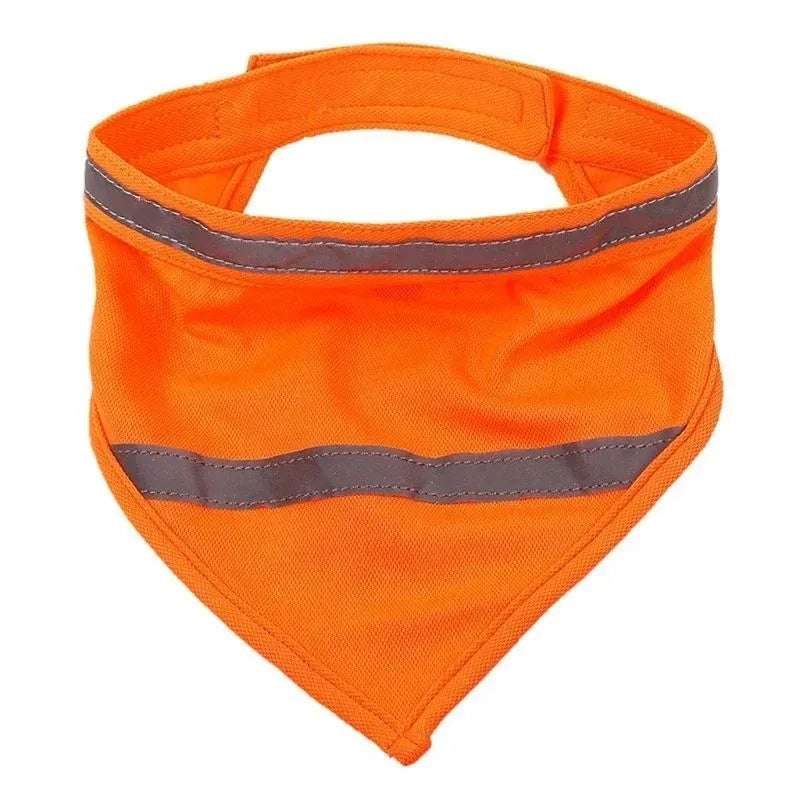 Orange and yellow reflective dog bandana with adhesive strap for night walk safety in three sizes