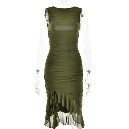 Sleeveless mini dress in solid colors, including black, army green, and purple, with a flattering bodycon silhouette and collage-inspired splicing detail.