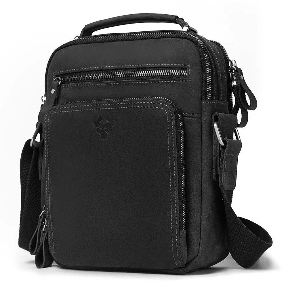 Men's brown Crazy Horse leather crossbody bag with vintage retro styling and visible sewing lines