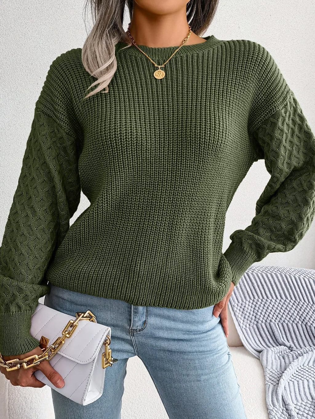 Casual lantern sleeve knitted sweater in loose fit with polka dot pattern and 3D texture, round neck pullover style, available in Khaki