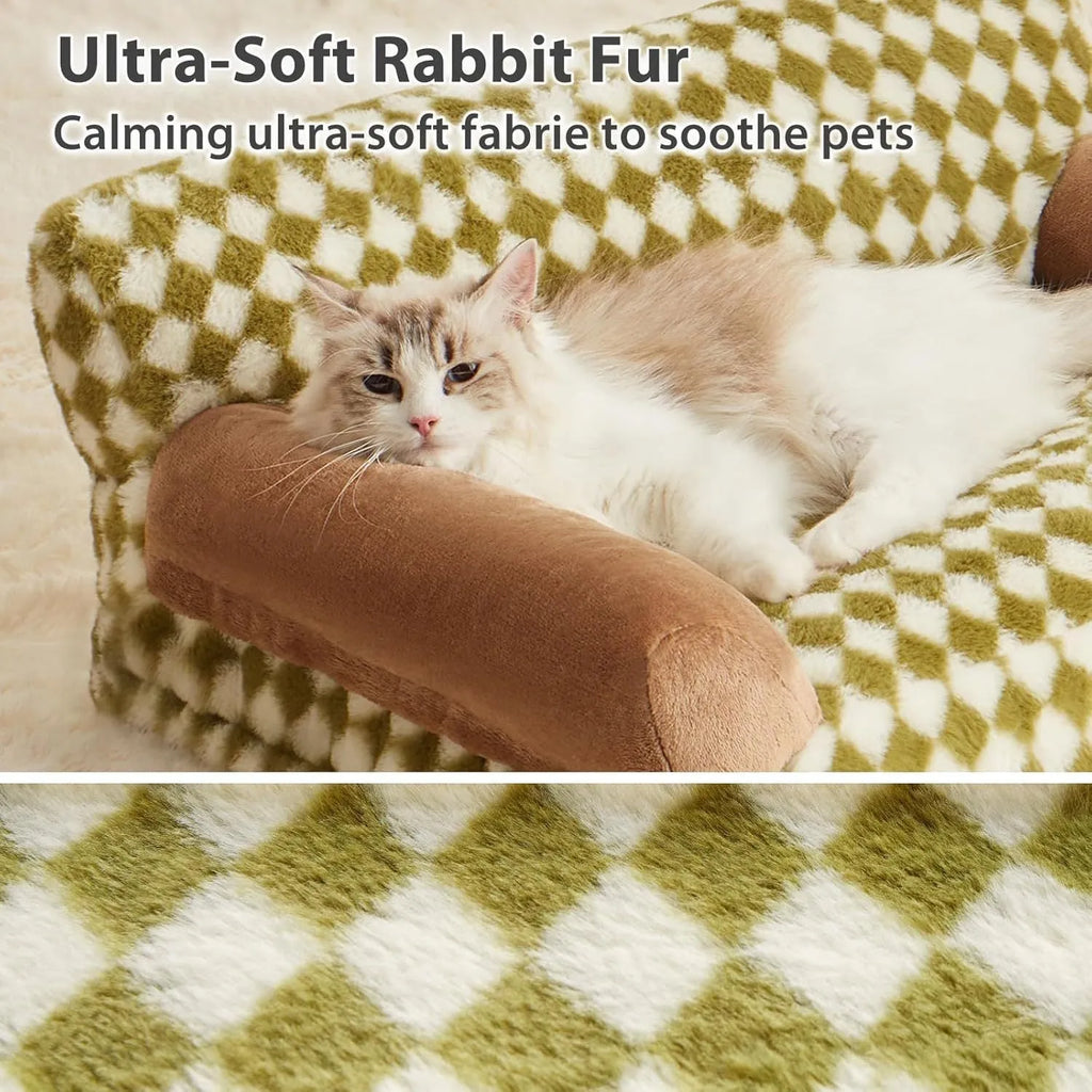 Small grey and white checkered pet sofa bed for a cat, showing non-slip bottom and removable cover.