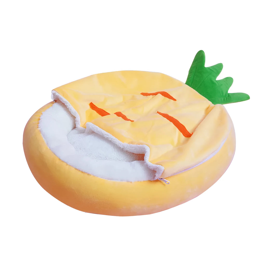 Yellow semi-enclosed carrot-shaped cat nest sleeping bag made of cotton fabric on a light background
