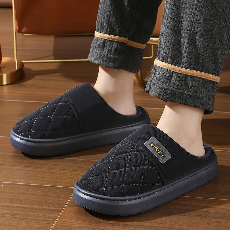 Men's winter home slippers with plush lining, EVA sole, polyester upper, in coffee, grey, or navy blue.