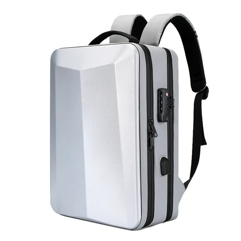 Black waterproof business backpack with curved shoulder straps and Oxford cloth construction