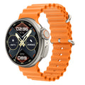 K9 smart watch with round screen showing health metrics, zinc alloy case, silicone strap in multiple colours
