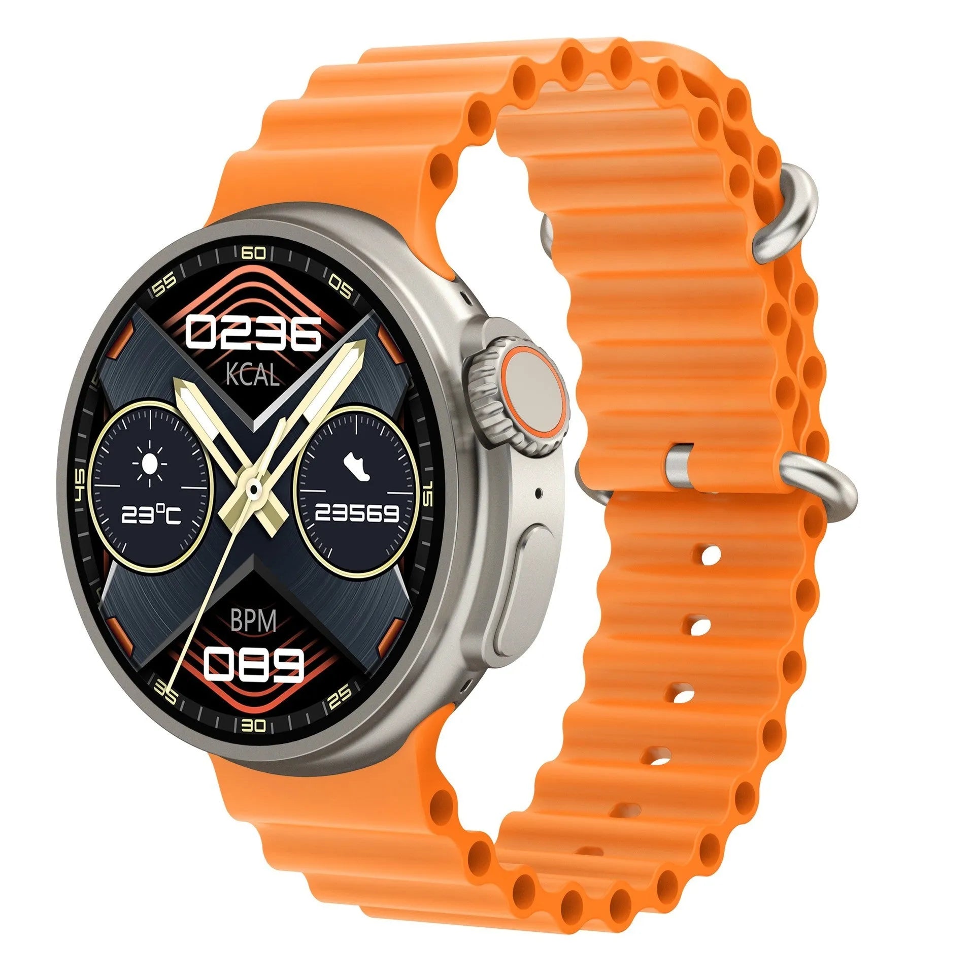K9 smart watch with round screen showing health metrics, zinc alloy case, silicone strap in multiple colours