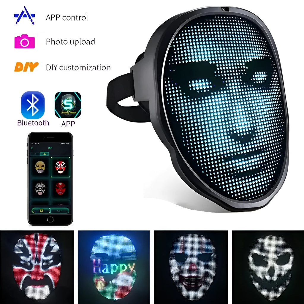 Avengers-themed electronic LED face mask with multi-colour changing lights on display.