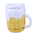 Large yellow inflatable beer mug cooler pool float with drink cans inside.