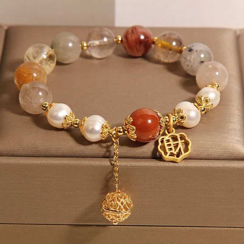 Women's crystal pearl bracelet with colourful hair crystal pearls and Chinese character Cai decoration