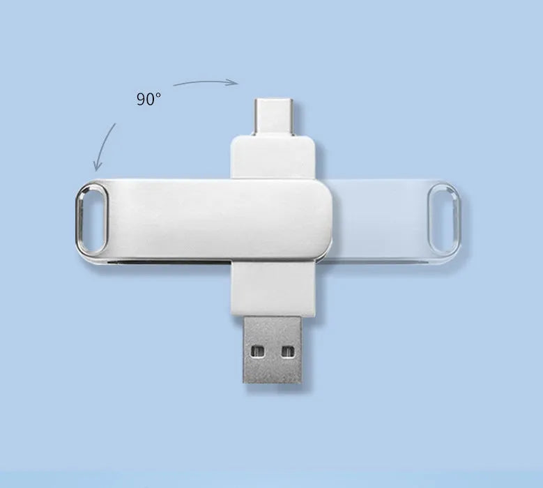 Rotating metal USB flash drive with dual USB-C connector in silver or black finish