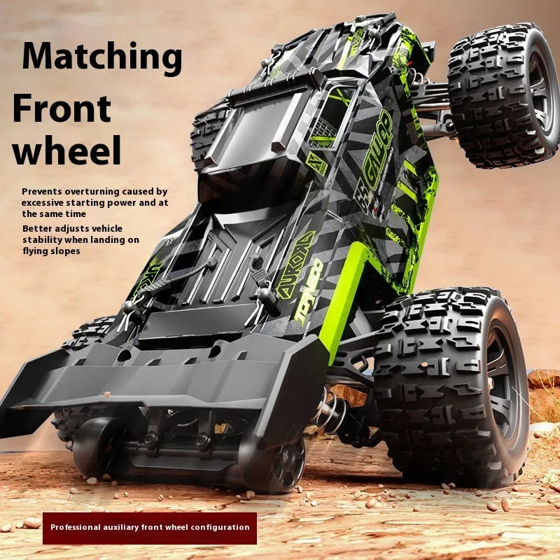 Brushless remote control car with four-wheel drive, metal drivetrain, available in green or red colour options