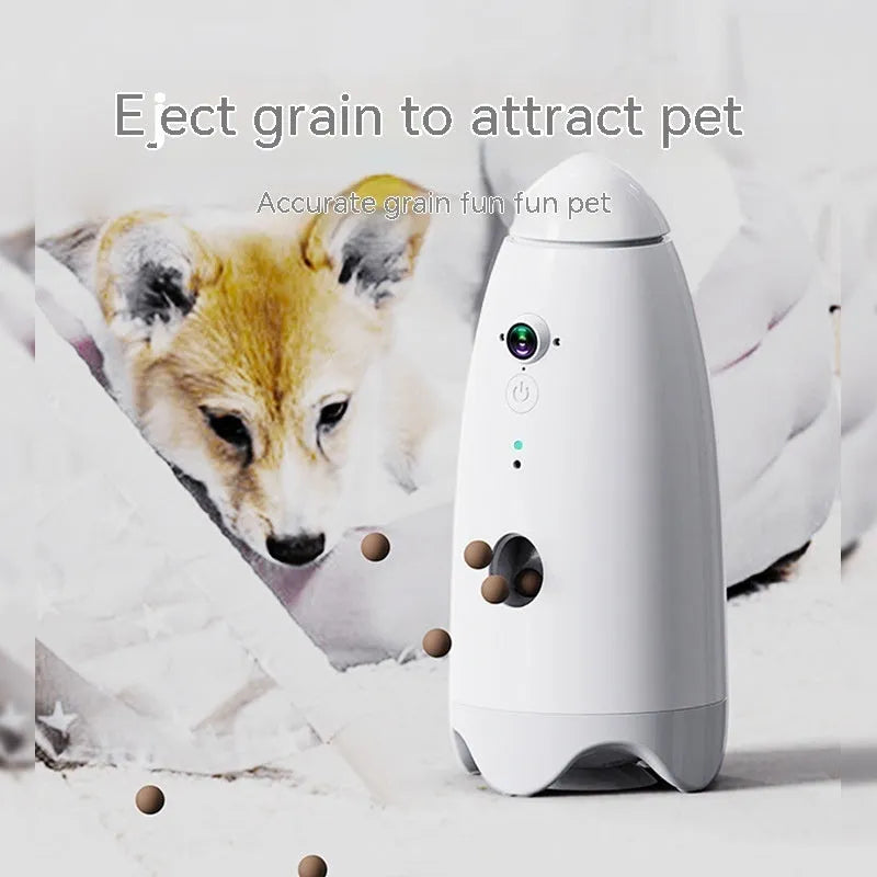 White automatic pet feeder for dogs and cats with camera, 200g capacity, 270 x 120mm