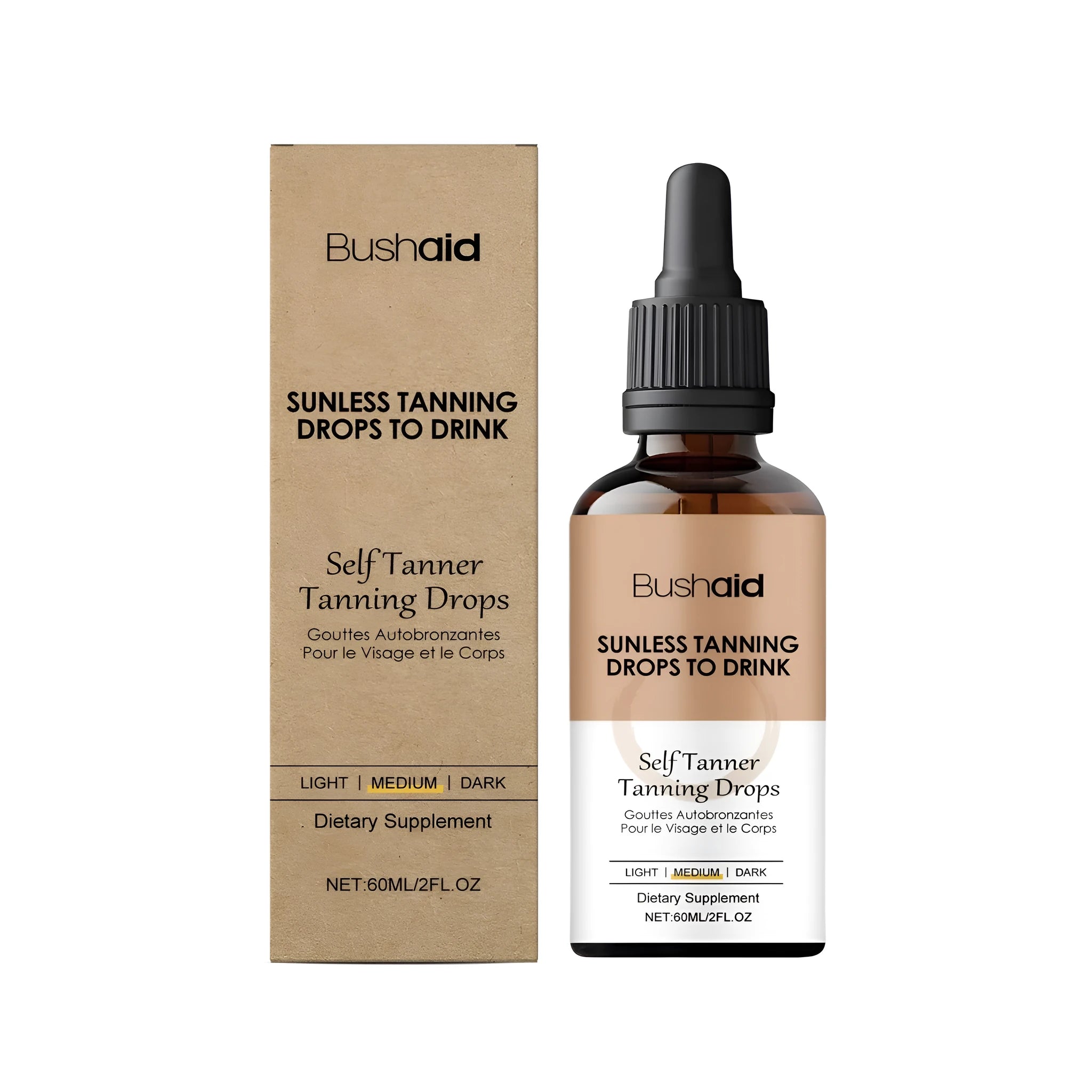 60ml bottle of self-drying tanning drops with dropper containing traditional Chinese medicine extract