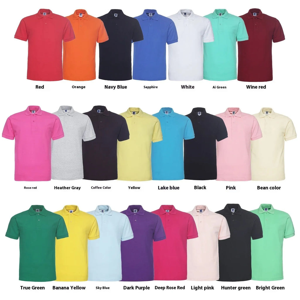 Men's solid colour short sleeve polo shirt on a hanger, showing loose fit and cotton blend fabric.