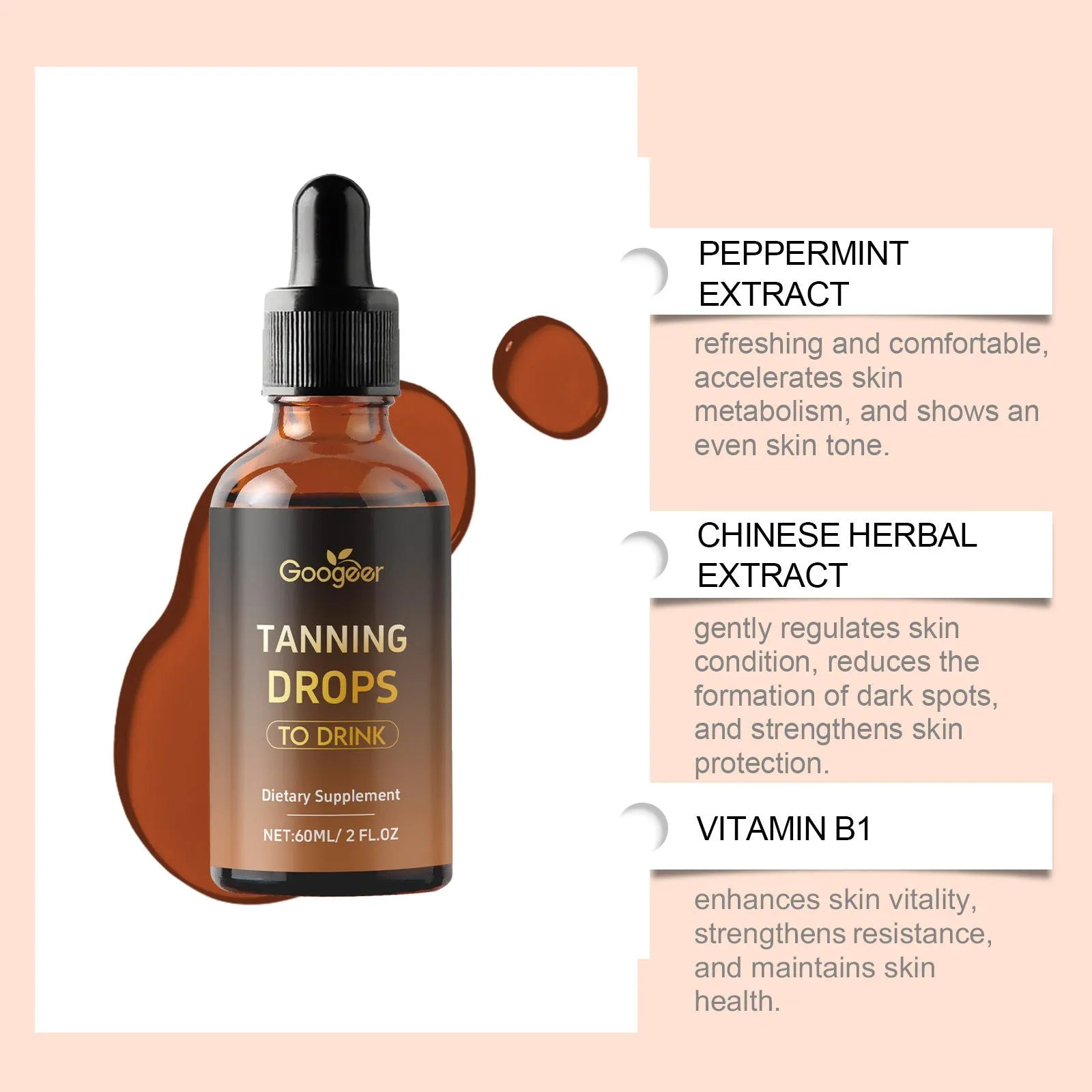 Googeer Tanning Drops To Drink 60ml bottle with dropper for face and body application