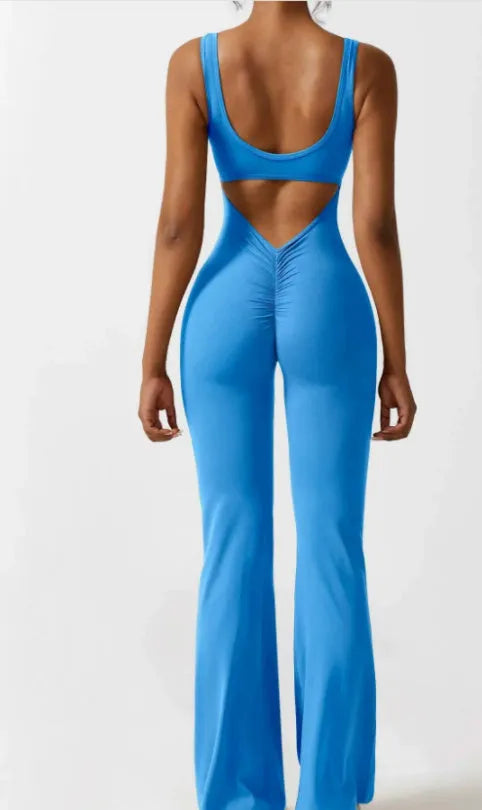 Women's tight seamless yoga jumpsuit in milk silk fabric with a built-in chest pad.