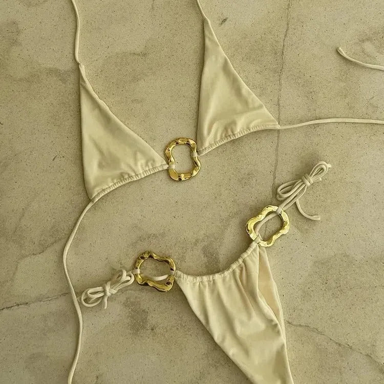 Women's halter bikini set with lace-up detail and low-waist briefs in solid colour