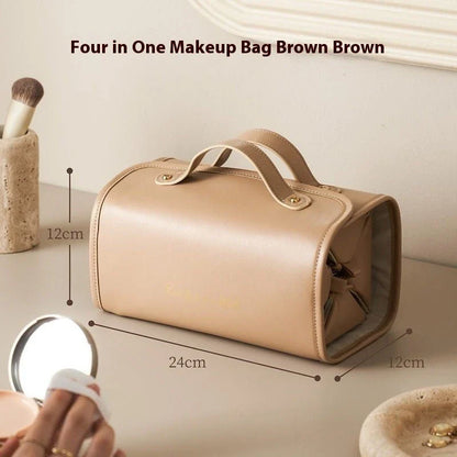 Stylish folding cosmetic bag in beige and brown colors with premium stitching details, featuring a spacious interior and compact, waterproof design for convenient travel