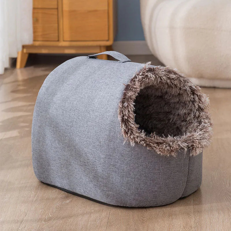 Grey fleece-lined cat nest sleeping bag with closed design for winter pet comfort