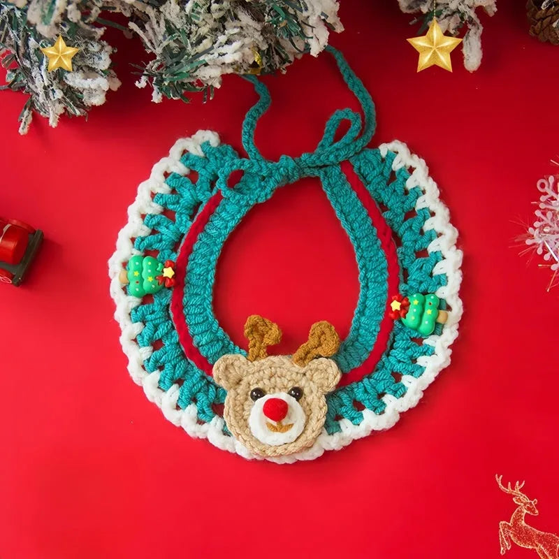 Adjustable Christmas knit pet collar with crochet elk pattern for cats and small dogs, sizes L and M