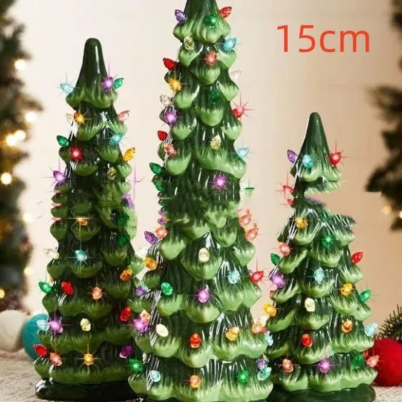 Resin Christmas tree ornament with coloured lights in European style, shown in 25cm size.