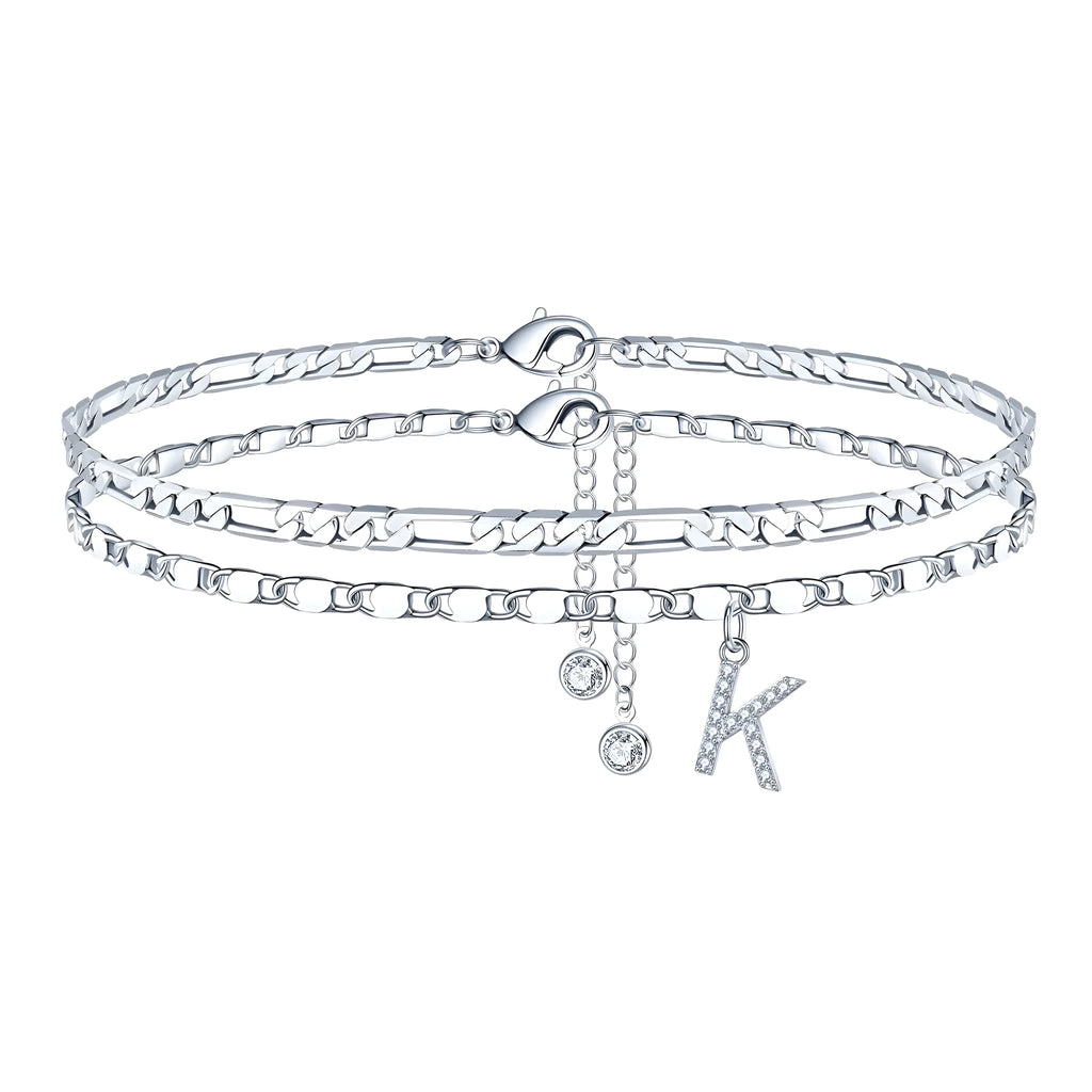 Copper double circle anklet with bead design and letter styling options in silver colour