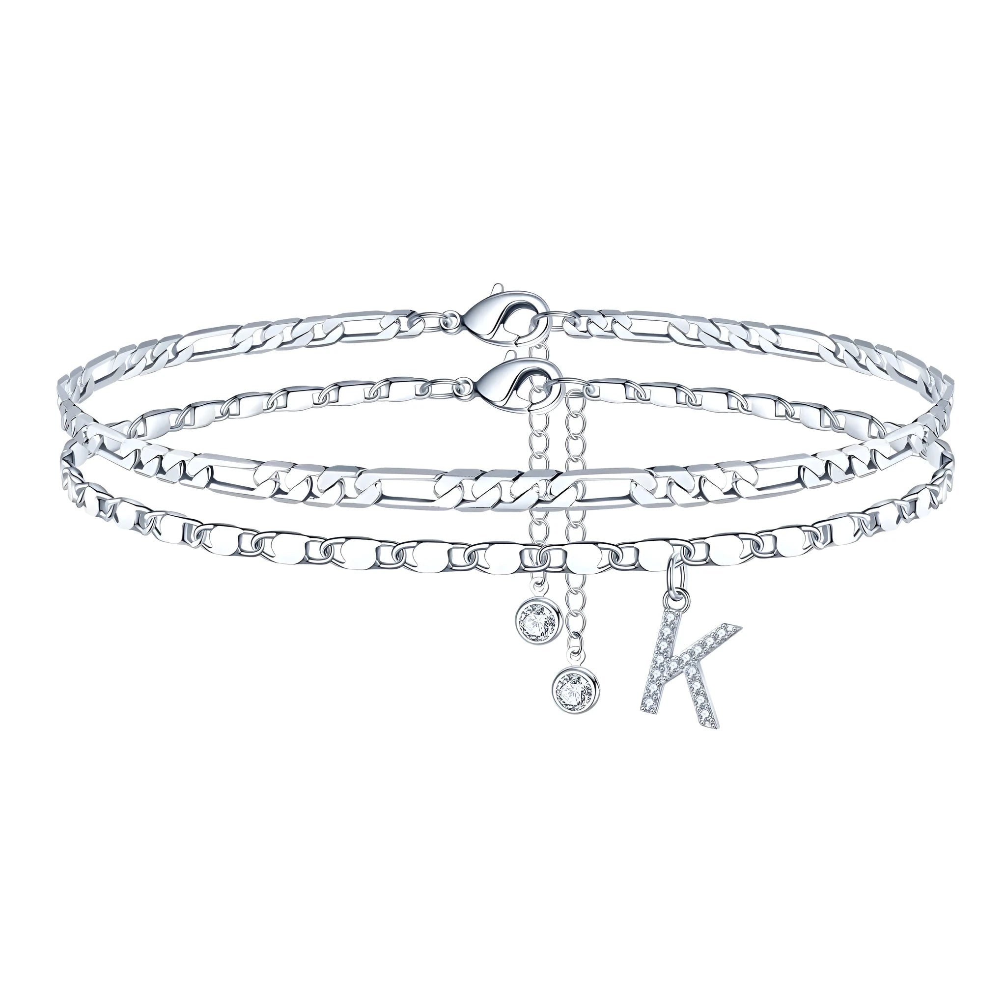 Copper double circle anklet with bead design and letter styling options in silver colour