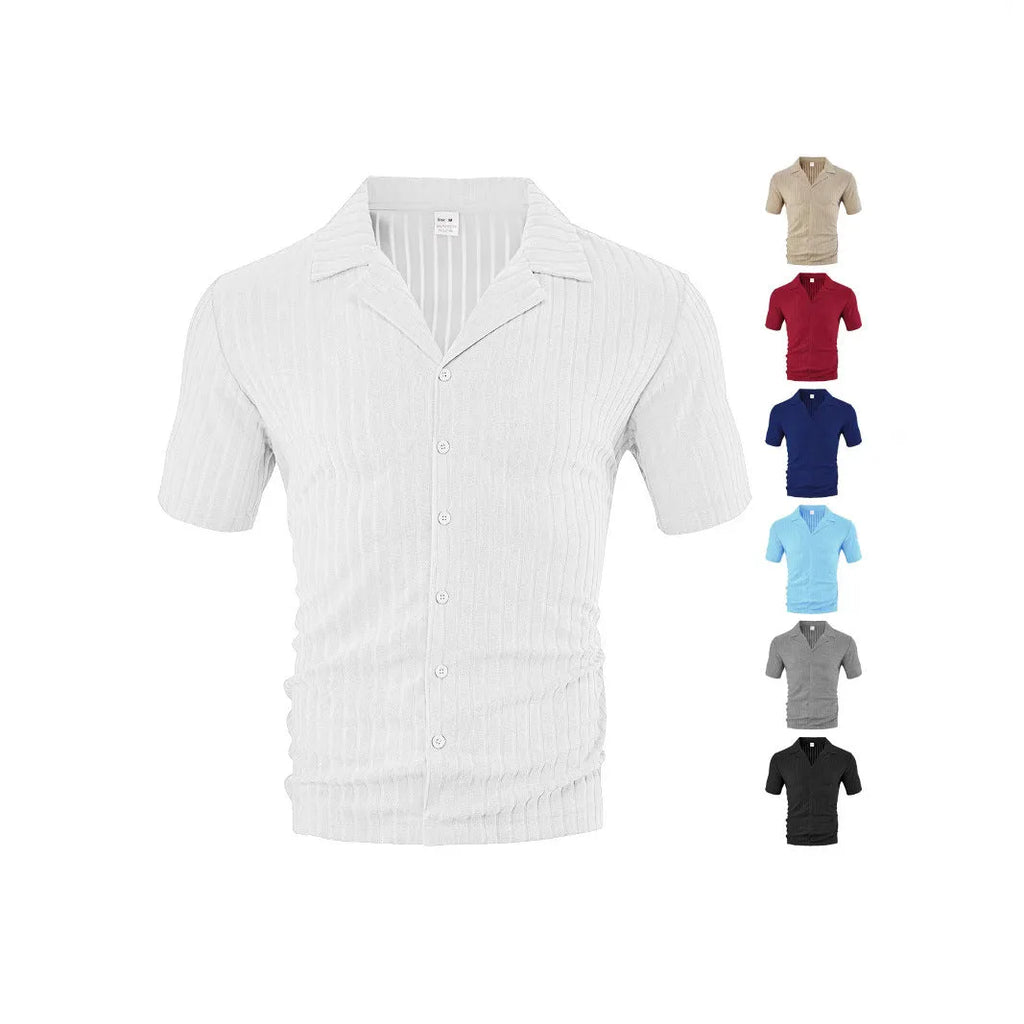 Men's loose casual short sleeve lapel cardigan in polyester, front view