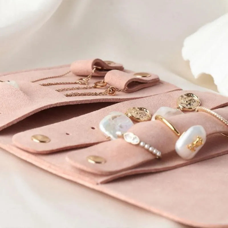 Brown PU leather jewelry storage bag with microfiber lining for earrings and rings