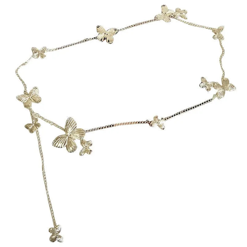 Gold and silver butterfly waist chain belt for women, showing alloy construction and length.