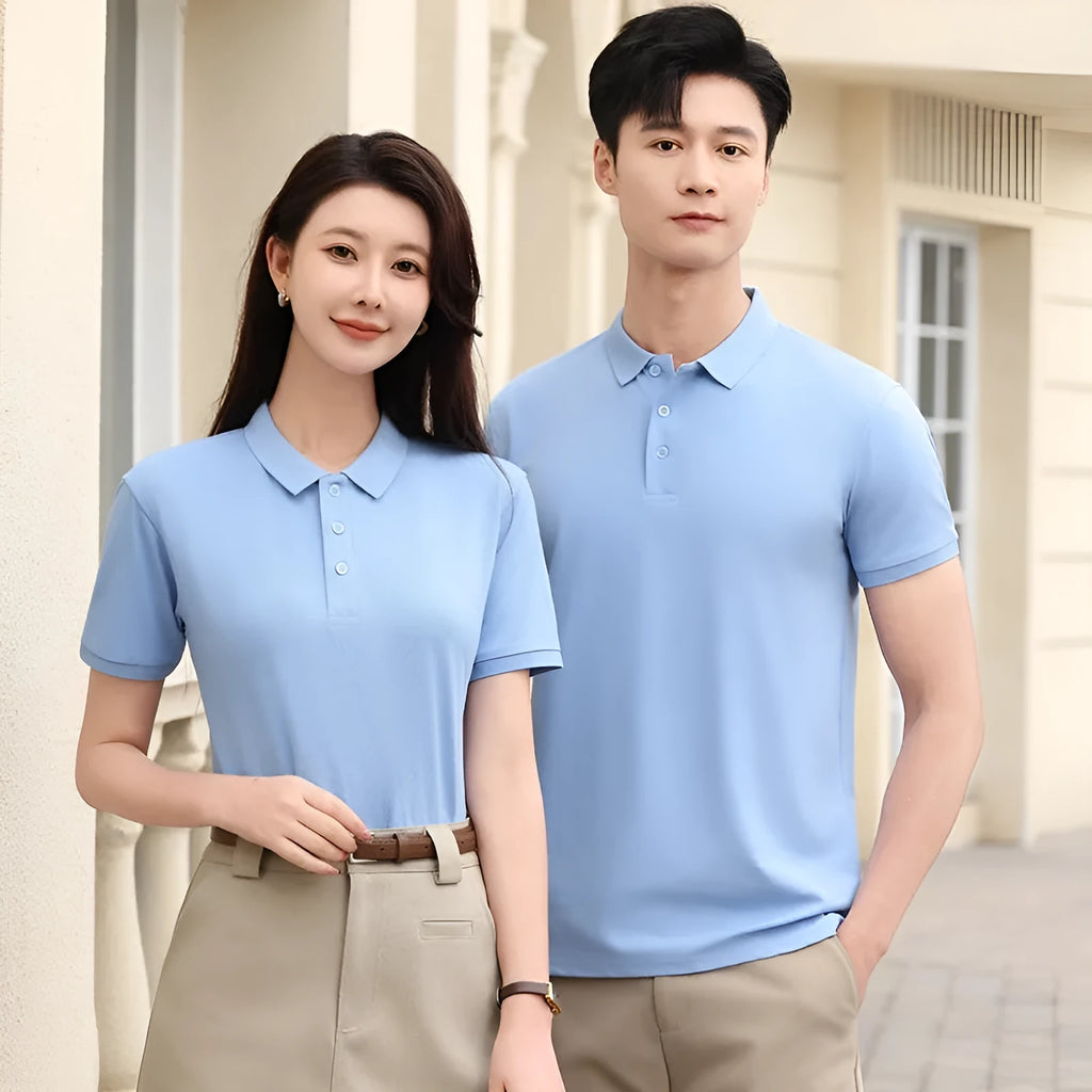 White lapel collar polo t-shirt on a hanger, showing short sleeves and front button placket.