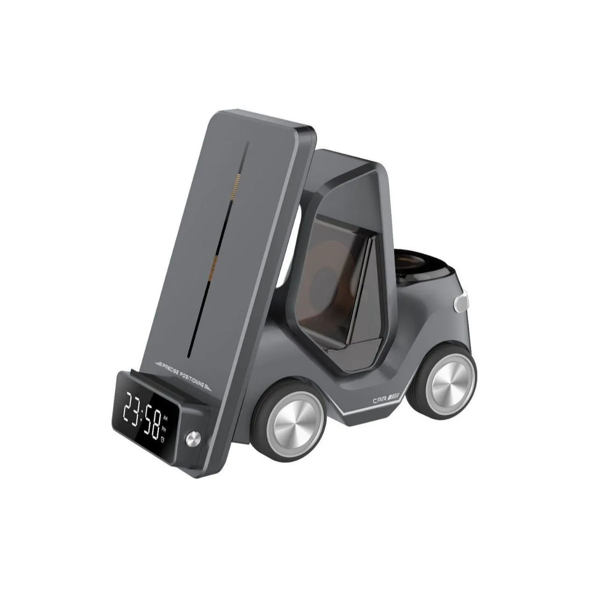 Grey 15W wireless charging bracket holding a phone and two other devices on a desk.