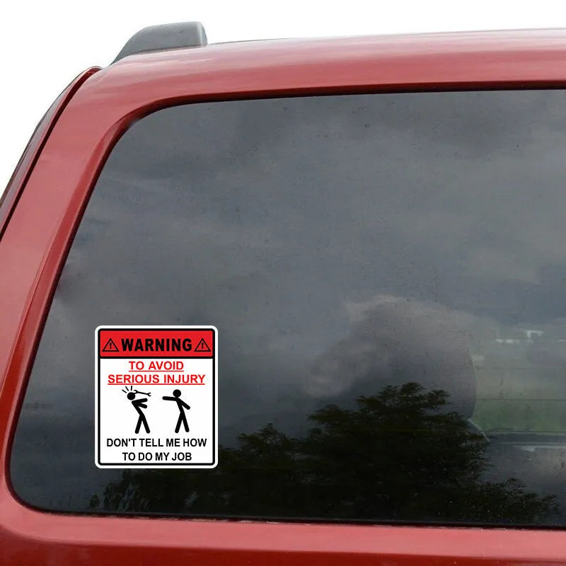 14.9cm by 12.6cm rectangular car glass warning sticker with adhesive backing.