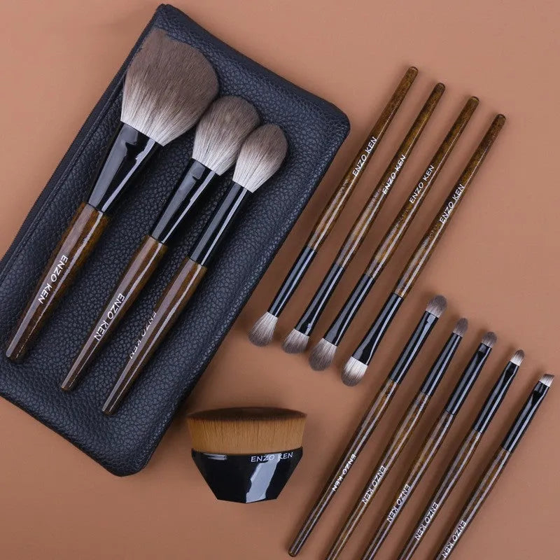 12-piece makeup brush set with wooden handles in a PU storage bag